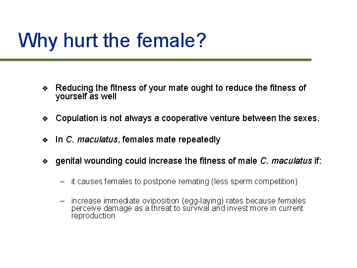 Why hurt the female? v Reducing the fitness of your mate ought to reduce