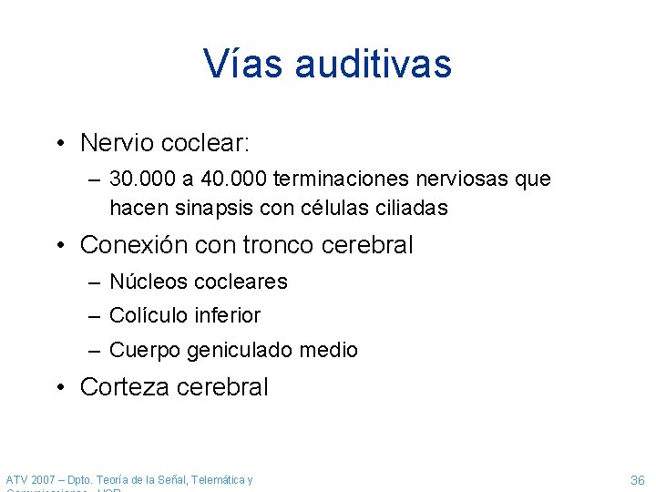 Vías auditivas • Nervio coclear: – 30. 000 a 40. 000 terminaciones nerviosas que