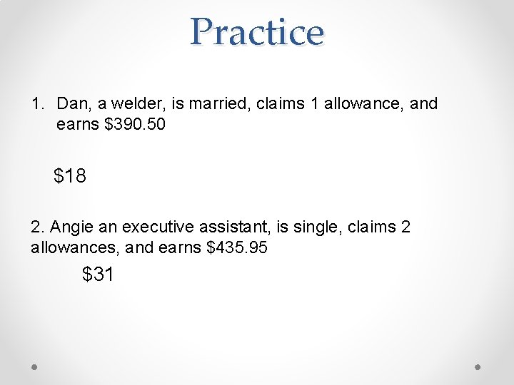 Practice 1. Dan, a welder, is married, claims 1 allowance, and earns $390. 50