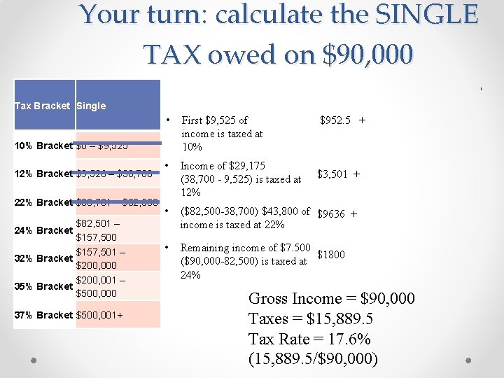 Your turn: calculate the SINGLE TAX owed on $90, 000 Tax Bracket Single •