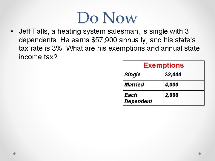 Do Now • Jeff Falls, a heating system salesman, is single with 3 dependents.