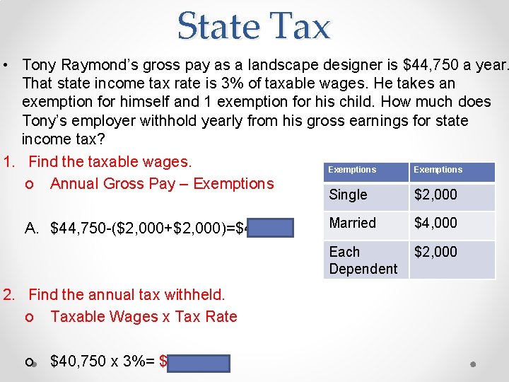 State Tax • Tony Raymond’s gross pay as a landscape designer is $44, 750