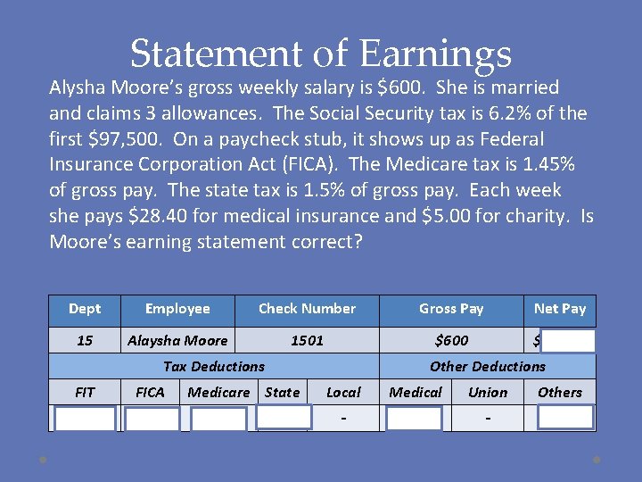 Statement of Earnings Alysha Moore’s gross weekly salary is $600. She is married and