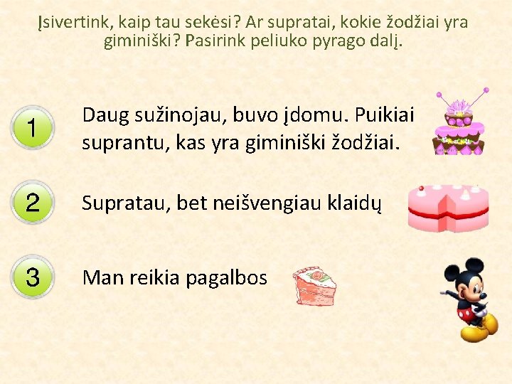 Įsivertink, kaip tau sekėsi? Ar supratai, kokie žodžiai yra giminiški? Pasirink peliuko pyrago dalį.