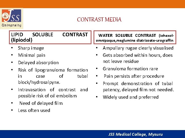 CONTRAST MEDIA LIPID SOLUBLE (lipiodol) CONTRAST Sharp image Minimal pain Delayed absorption Risk of