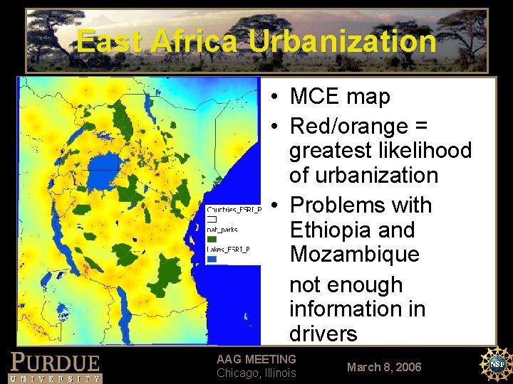 East Africa Urbanization • MCE map • Red/orange = greatest likelihood of urbanization •