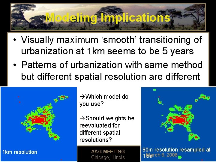 Modeling Implications • Visually maximum ‘smooth’ transitioning of urbanization at 1 km seems to