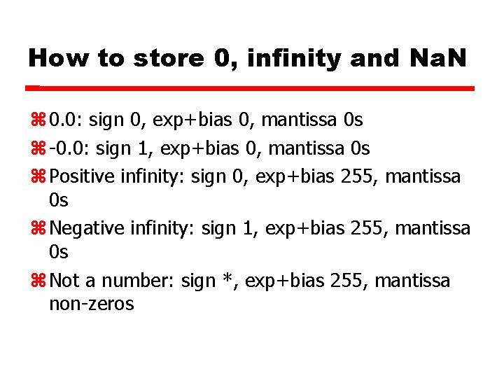 How to store 0, infinity and Na. N 0. 0: sign 0, exp+bias 0,