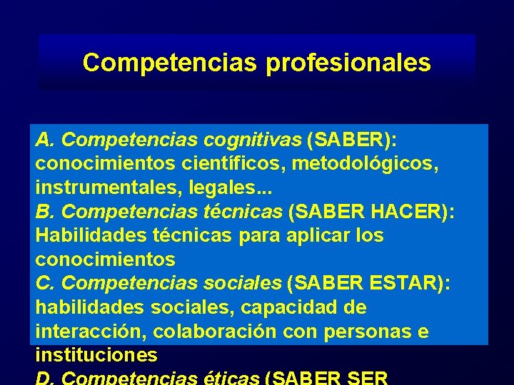 Competencias profesionales A. Competencias cognitivas (SABER): conocimientos científicos, metodológicos, instrumentales, legales. . . B.