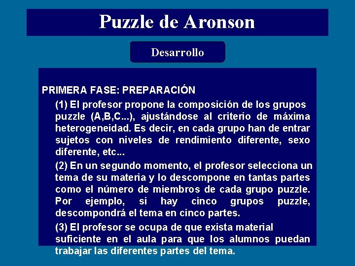 Puzzle de Aronson Desarrollo PRIMERA FASE: PREPARACIÓN (1) El profesor propone la composición de