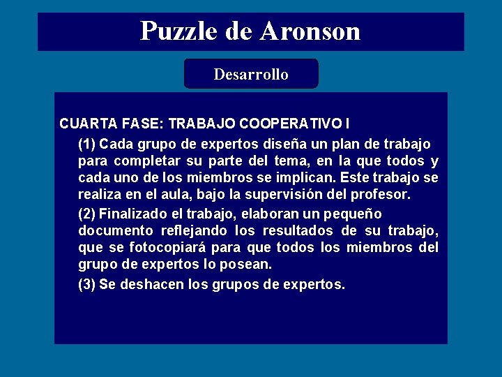 Puzzle de Aronson Desarrollo CUARTA FASE: TRABAJO COOPERATIVO I (1) Cada grupo de expertos