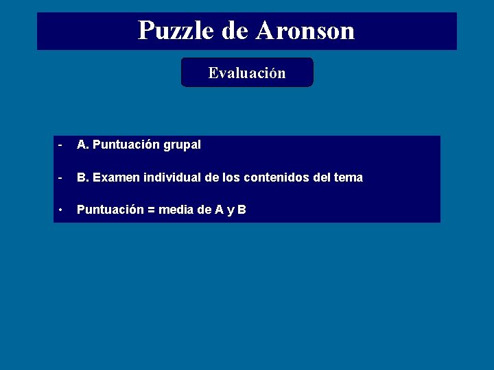 Puzzle de Aronson Evaluación - A. Puntuación grupal - B. Examen individual de los