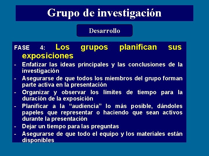 Grupo de investigación Desarrollo Los grupos exposiciones FASE 4: planifican sus - Enfatizar las