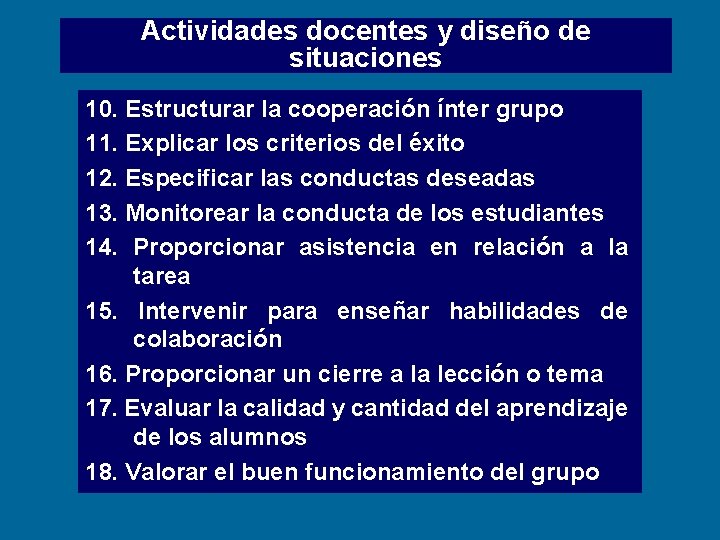 Actividades docentes y diseño de situaciones 10. Estructurar la cooperación ínter grupo 11. Explicar