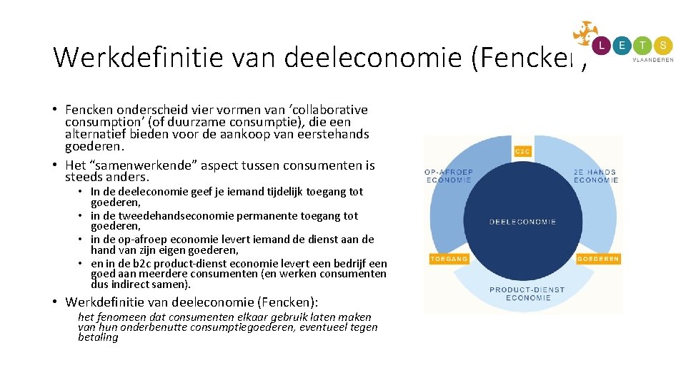 Werkdefinitie van deeleconomie (Fencker) • Fencken onderscheid vier vormen van ‘collaborative consumption’ (of duurzame