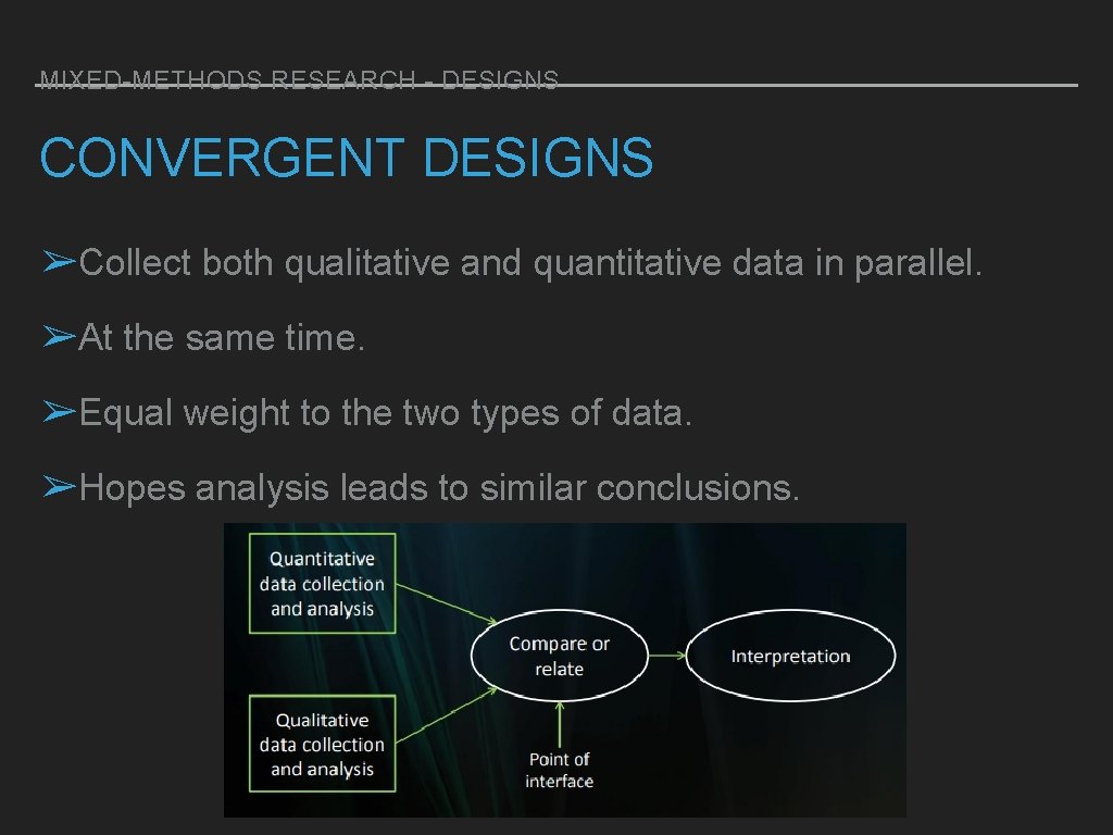 MIXED-METHODS RESEARCH - DESIGNS CONVERGENT DESIGNS ➢Collect both qualitative and quantitative data in parallel.