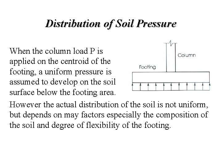 Distribution of Soil Pressure When the column load P is applied on the centroid Distribution of Soil Pressure When the column load P is applied on the centroid