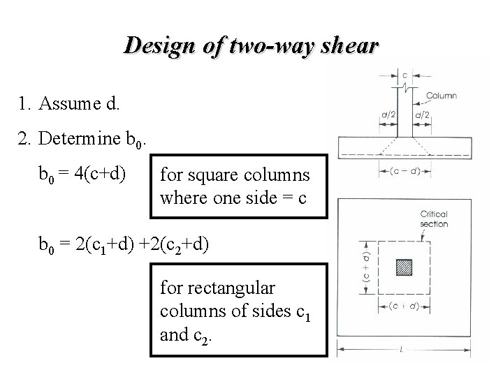 Design of two-way shear 1. Assume d. 2. Determine b 0 = 4(c+d) for Design of two-way shear 1. Assume d. 2. Determine b 0 = 4(c+d) for