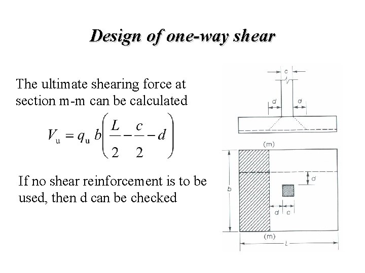 Design of one-way shear The ultimate shearing force at section m-m can be calculated Design of one-way shear The ultimate shearing force at section m-m can be calculated