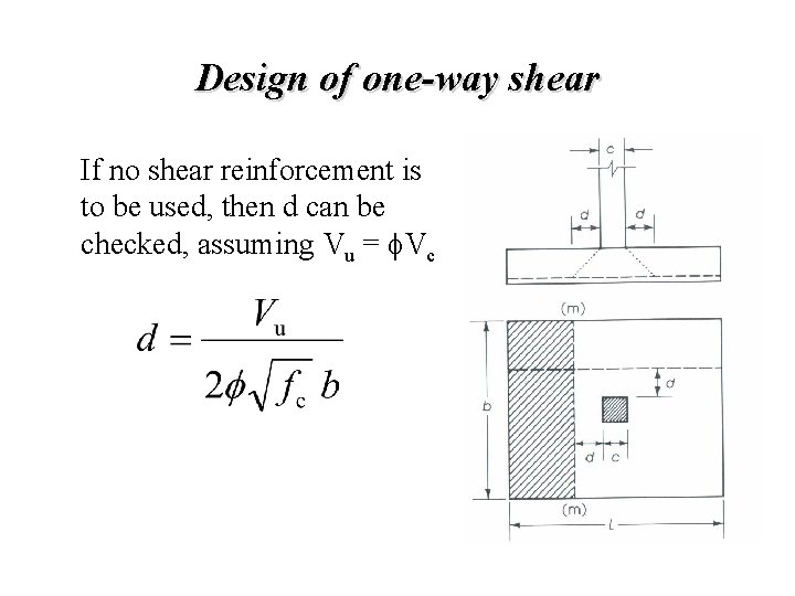 Design of one-way shear If no shear reinforcement is to be used, then d Design of one-way shear If no shear reinforcement is to be used, then d
