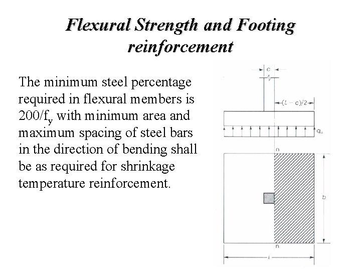 Flexural Strength and Footing reinforcement The minimum steel percentage required in flexural members is Flexural Strength and Footing reinforcement The minimum steel percentage required in flexural members is