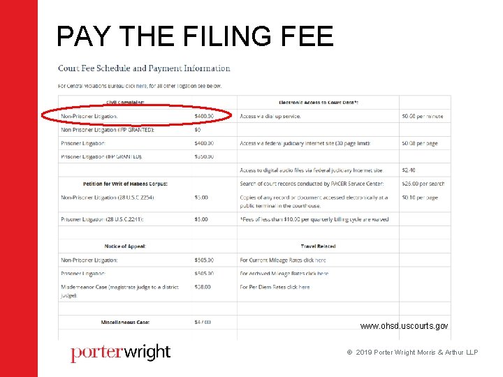 PAY THE FILING FEE www. ohsd. uscourts. gov 2019 Porter Wright Morris & Arthur PAY THE FILING FEE www. ohsd. uscourts. gov 2019 Porter Wright Morris & Arthur