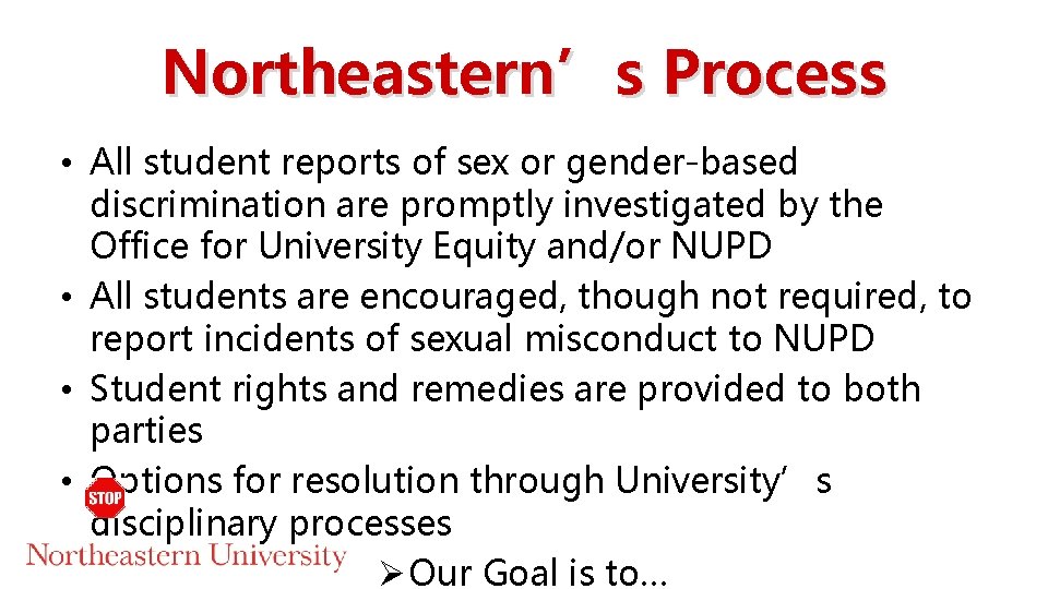 Northeastern’s Process • All student reports of sex or gender-based discrimination are promptly investigated Northeastern’s Process • All student reports of sex or gender-based discrimination are promptly investigated