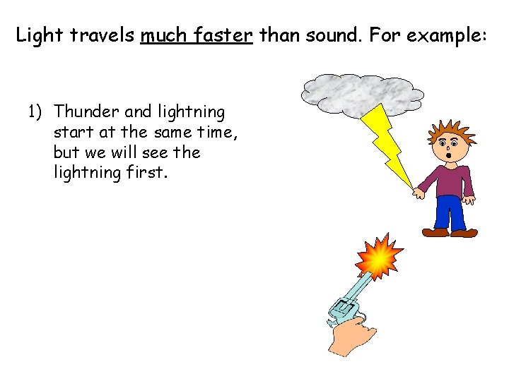 Light travels much faster than sound. For example: 1) Thunder and lightning start at Light travels much faster than sound. For example: 1) Thunder and lightning start at