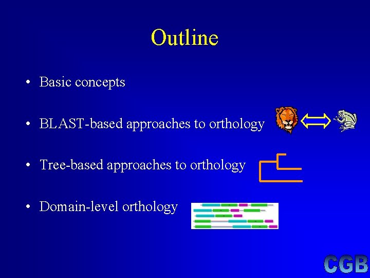 Outline • Basic concepts • BLAST-based approaches to orthology • Tree-based approaches to orthology Outline • Basic concepts • BLAST-based approaches to orthology • Tree-based approaches to orthology