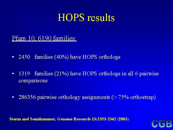 HOPS results Pfam 10, 6190 families: • 2450 families (40%) have HOPS orthologs • HOPS results Pfam 10, 6190 families: • 2450 families (40%) have HOPS orthologs •