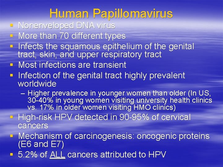 § § § Human Papillomavirus Nonenveloped DNA virus More than 70 different types Infects