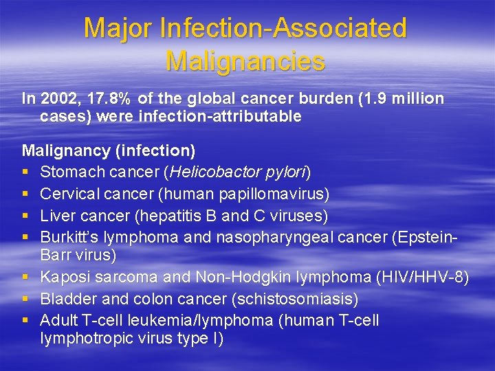 Major Infection-Associated Malignancies In 2002, 17. 8% of the global cancer burden (1. 9