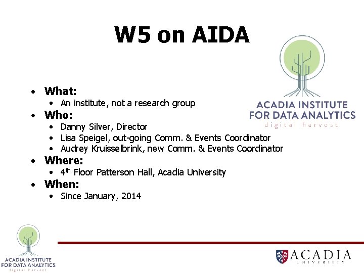 W 5 on AIDA • What: • An institute, not a research group •