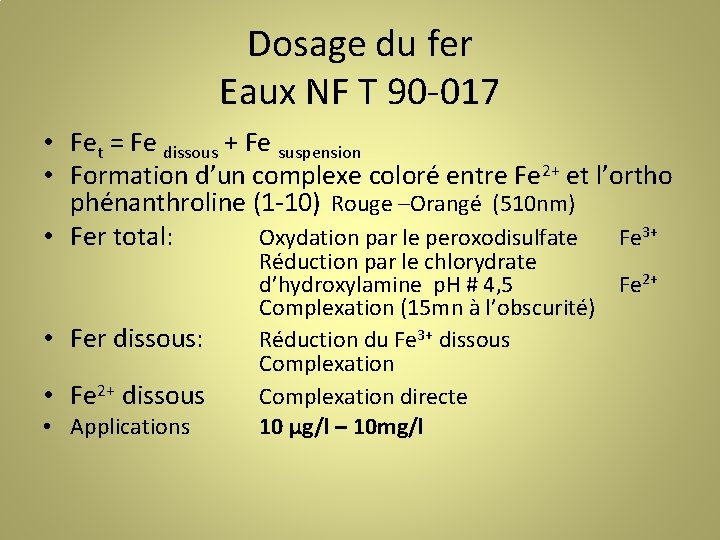Dosage du fer Eaux NF T 90 -017 • Fet = Fe dissous +