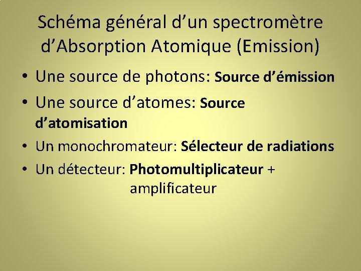 Schéma général d’un spectromètre d’Absorption Atomique (Emission) • Une source de photons: Source d’émission