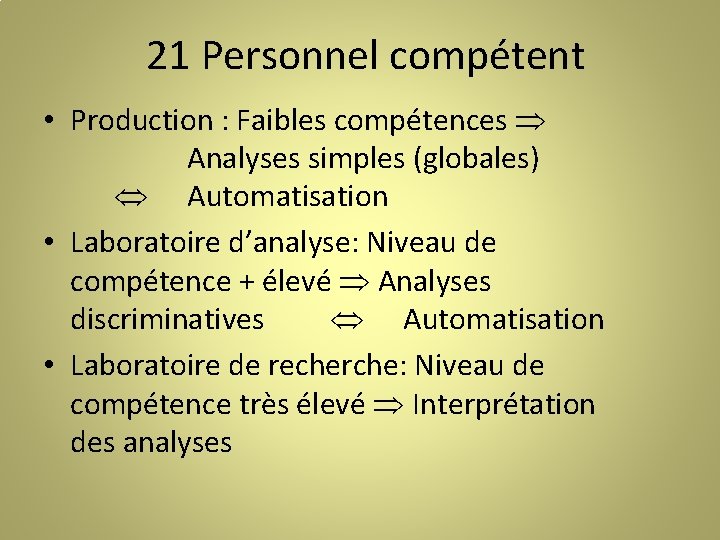 21 Personnel compétent • Production : Faibles compétences Analyses simples (globales) Automatisation • Laboratoire