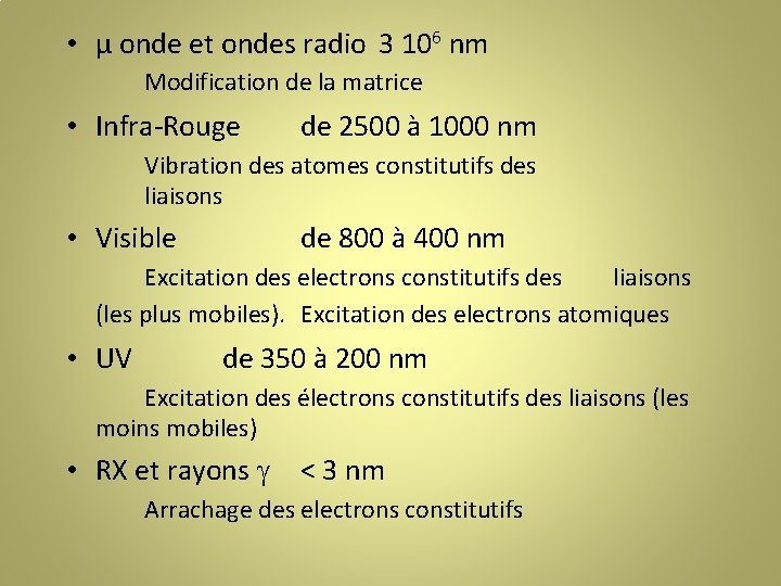  • µ onde et ondes radio 3 106 nm Modification de la matrice