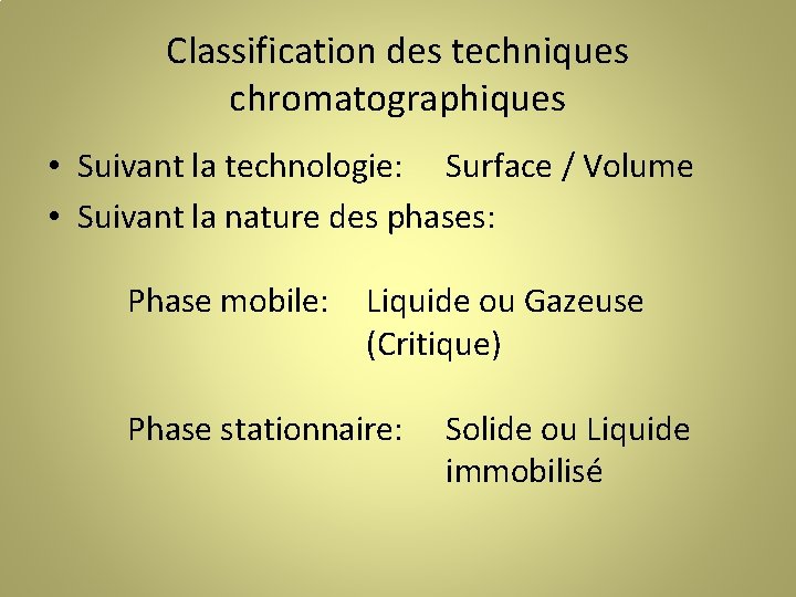 Classification des techniques chromatographiques • Suivant la technologie: Surface / Volume • Suivant la