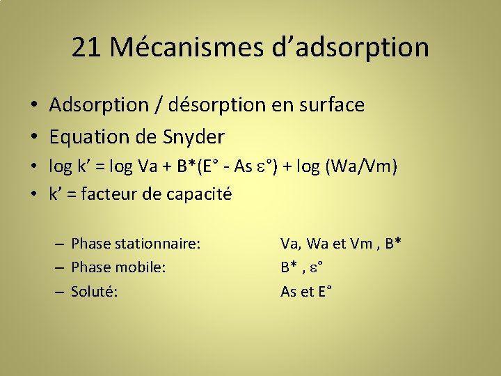 21 Mécanismes d’adsorption • Adsorption / désorption en surface • Equation de Snyder •