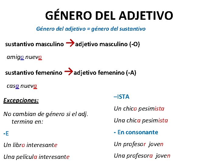 GÉNERO DEL ADJETIVO Género del adjetivo = género del sustantivo masculino →adjetivo masculino (-O)