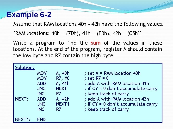 Example 6 -2 Assume that RAM locations 40 h - 42 h have the