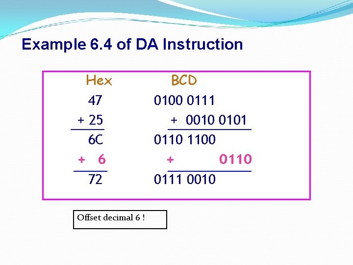 Example 6. 4 of DA Instruction Hex 47 + 25 6 C + 6