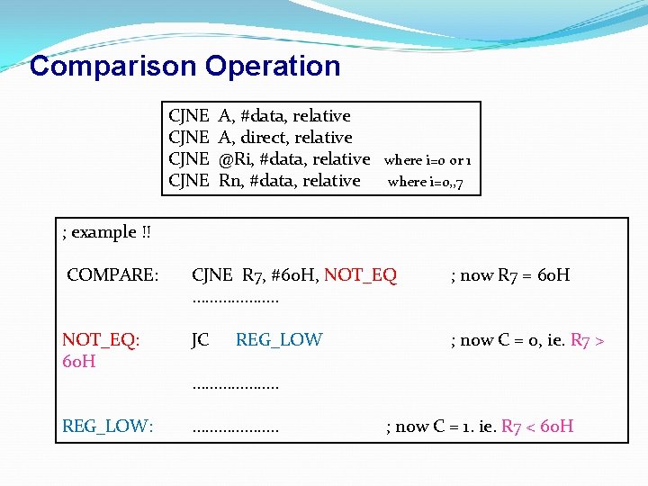 Comparison Operation CJNE A, #data, relative A, direct, relative @Ri, #data, relative Rn, #data,