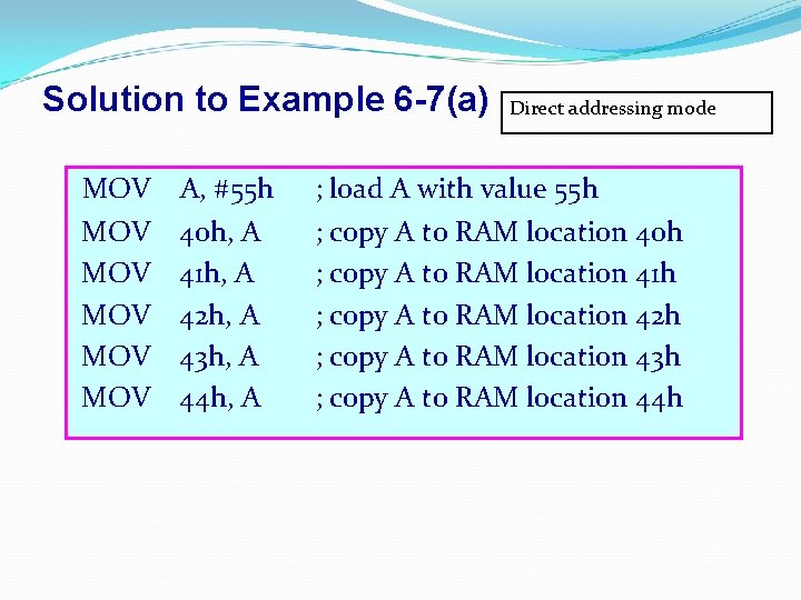 Solution to Example 6 -7(a) MOV MOV MOV A, #55 h 40 h, A