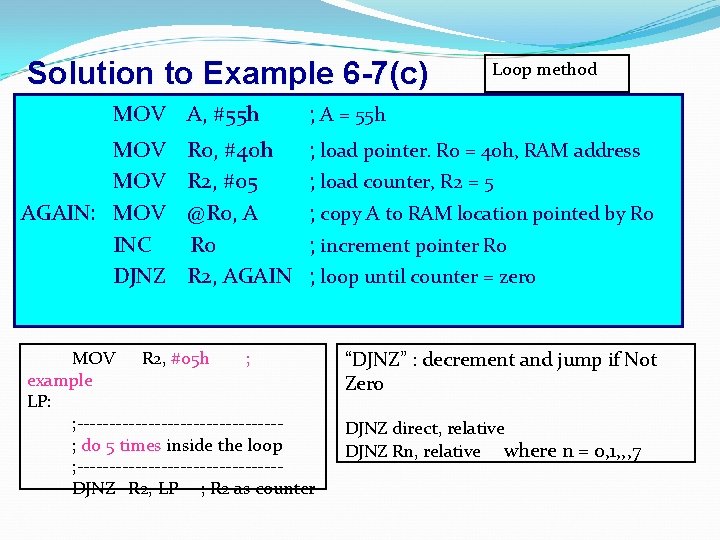 Solution to Example 6 -7(c) MOV MOV AGAIN: MOV INC DJNZ Loop method A,