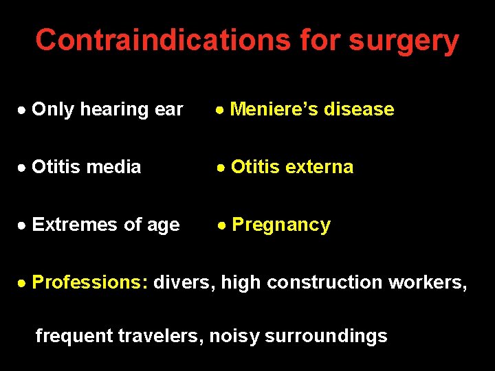 Contraindications for surgery Only hearing ear Meniere’s disease Otitis media Otitis externa Extremes of Contraindications for surgery Only hearing ear Meniere’s disease Otitis media Otitis externa Extremes of