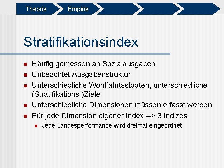 Theorie Empirie Stratifikationsindex n n n Häufig gemessen an Sozialausgaben Unbeachtet Ausgabenstruktur Unterschiedliche Wohlfahrtsstaaten,