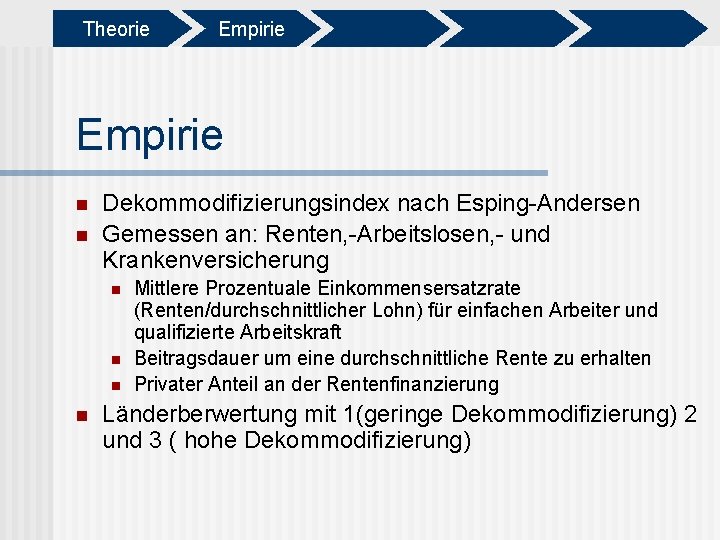 Theorie Empirie n n Dekommodifizierungsindex nach Esping-Andersen Gemessen an: Renten, -Arbeitslosen, - und Krankenversicherung