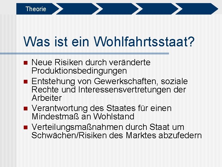 Theorie Was ist ein Wohlfahrtsstaat? n n Neue Risiken durch veränderte Produktionsbedingungen Entstehung von