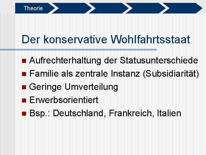 Theorie Der konservative Wohlfahrtsstaat Aufrechterhaltung der Statusunterschiede n Familie als zentrale Instanz (Subsidiarität) n